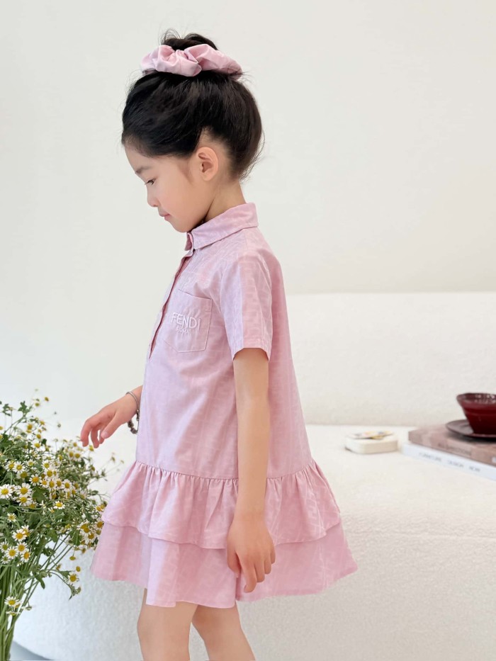 Pink FF Jacquard Polo Collar Ruffle Hem Dress for Kids 29010805