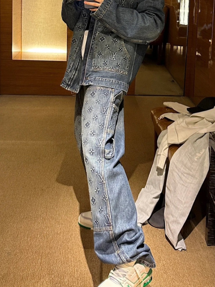 1:1 quality version Embroidered Rivet Distressed Denim Work Jeans 28687461