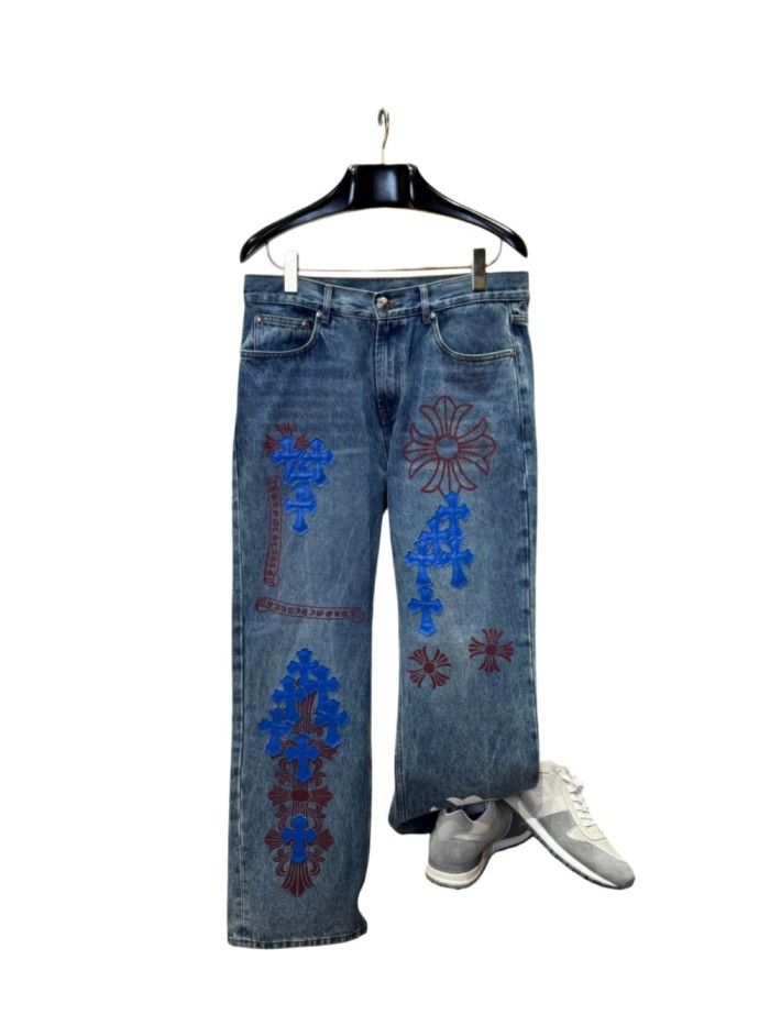 1:1 quality version  blue crosses and red flower appliqués washed blue jeans 28959455