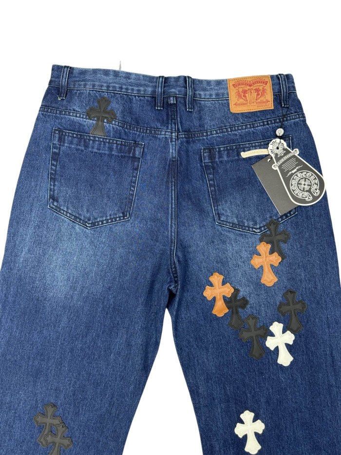 1:1 quality version Distressed Blue Multi-Color Cross Leather Patch Jeans 28903074
