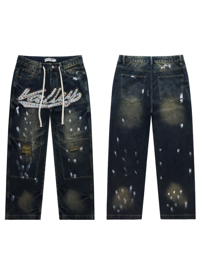 Rainbow Candy Embroidery Beaded Rhinestone Washed Jeans 2 colors 28899681