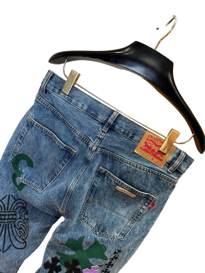 1:1 quality version  black & purple color-block cross leather prints jeans 28959500