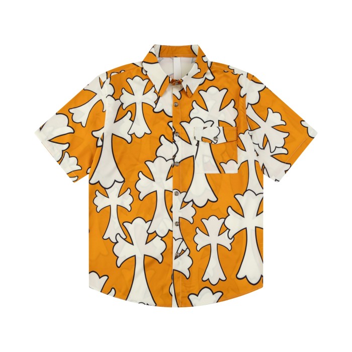 White Full Cross Orange Silver Button Short Sleeve Shirt