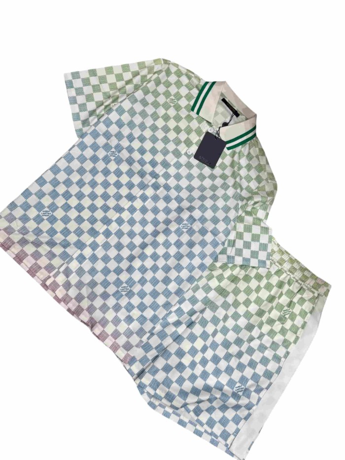 1:1 quality version Gradient Plaid Mulberry Silk shirt & shorts set 28968120