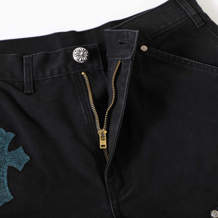 1:1 quality version Glitter Teal Cross Patched Black Straight Leg Casual Denim Jeans 29082250