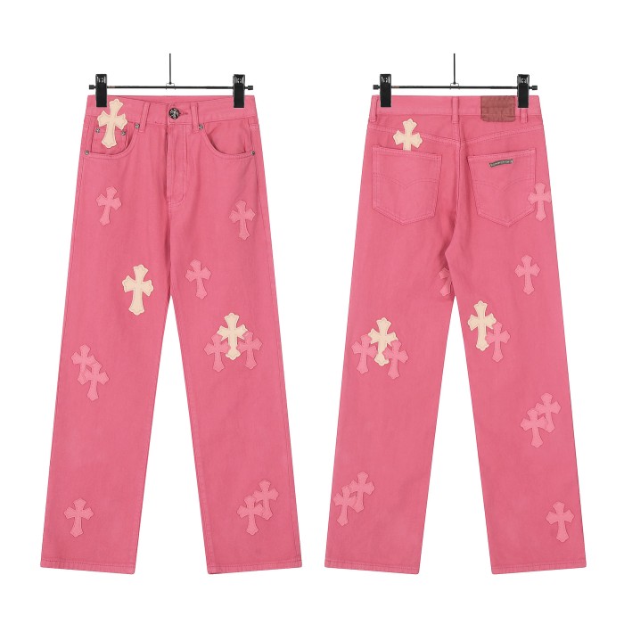 Patchwork Leather Cross Rose Pink Jeans 28479125