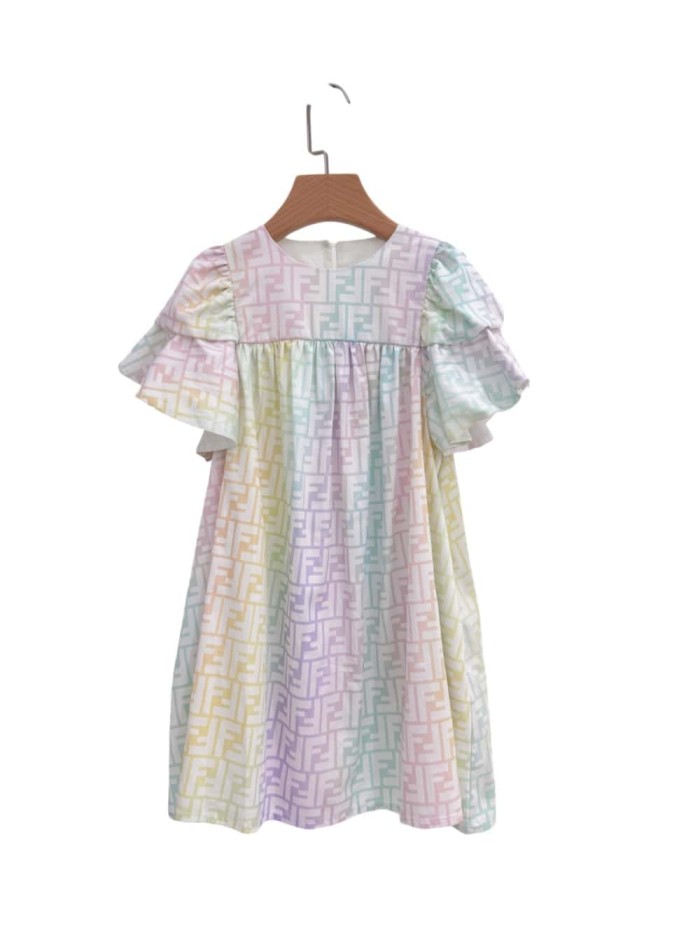 Rainbow Gradient Print Puff Sleeve Dress for Kids 29008801