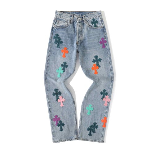 1:1 quality version Vibrant Multi-Color Cross Patched Light Blue Straight Leg Denim Pants 29082247