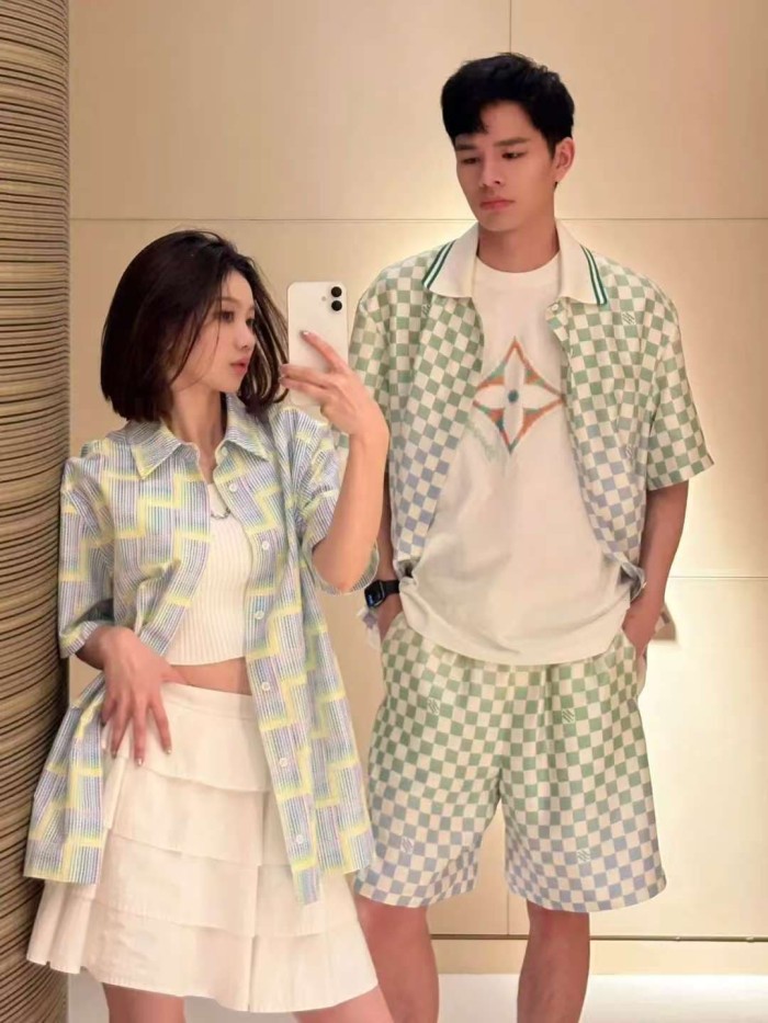 1:1 quality version Gradient Plaid Mulberry Silk shirt & shorts set 28968120