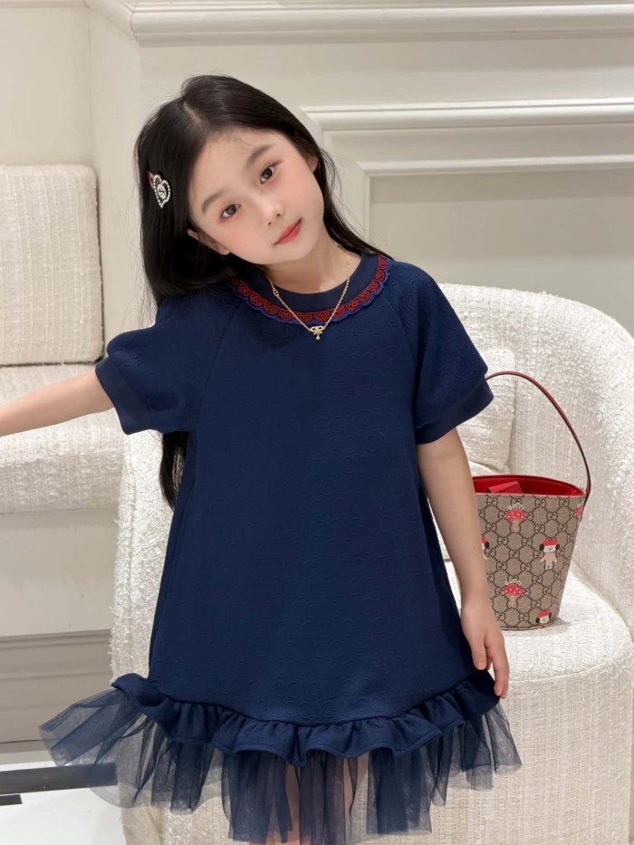 Navy Blue A-Line Dress with Tulle Hem for Kids 29008778