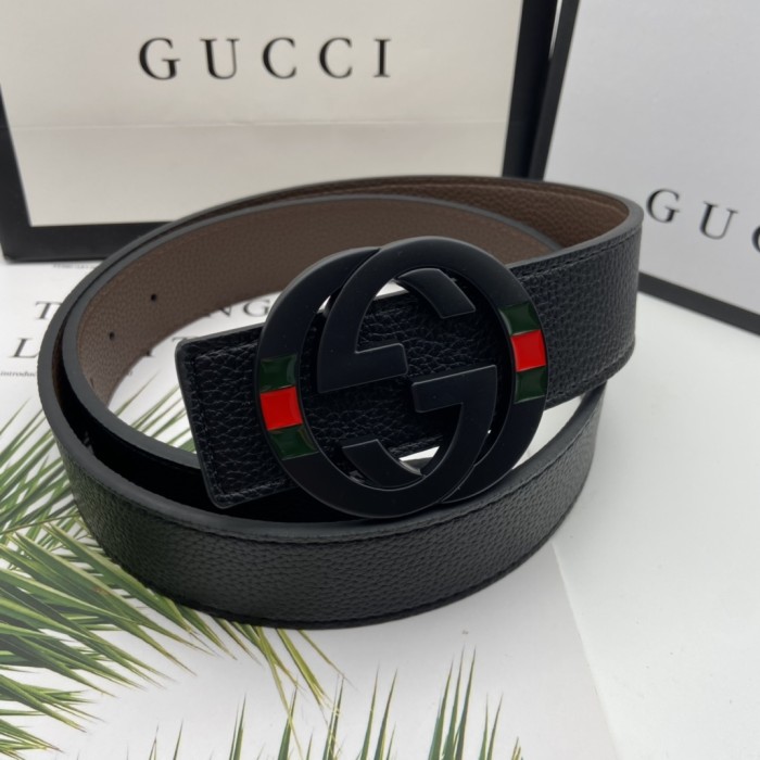 Color-blocked Full-leather Printed Belt【Width 3.8cm】 28549086
