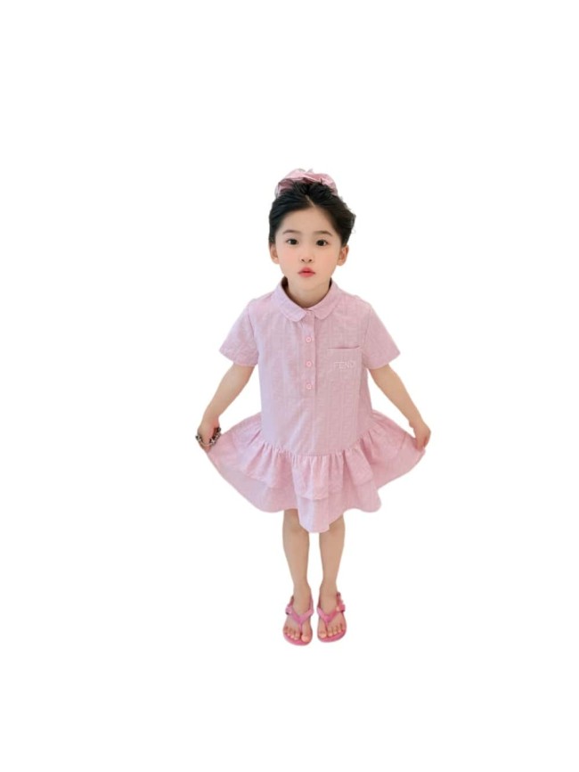 Pink FF Jacquard Polo Collar Ruffle Hem Dress for Kids 29010805