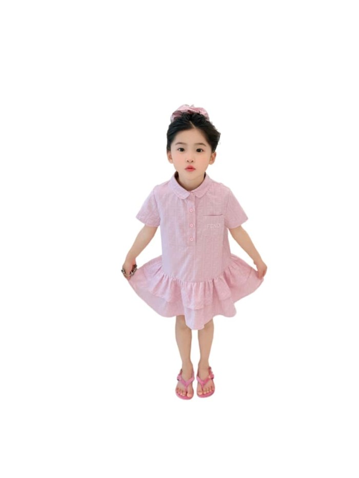 Pink FF Jacquard Polo Collar Ruffle Hem Dress for Kids 29010805
