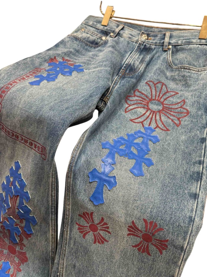 1:1 quality version  blue crosses and red flower appliqués washed blue jeans 28959455