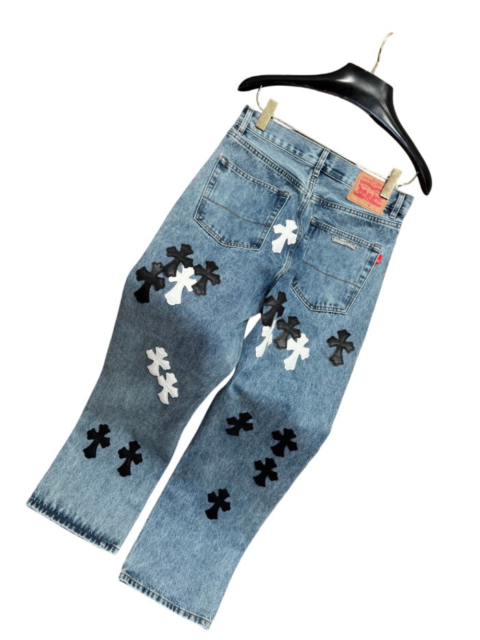 1:1 quality version  washed black and white cross leather jeans 28959651