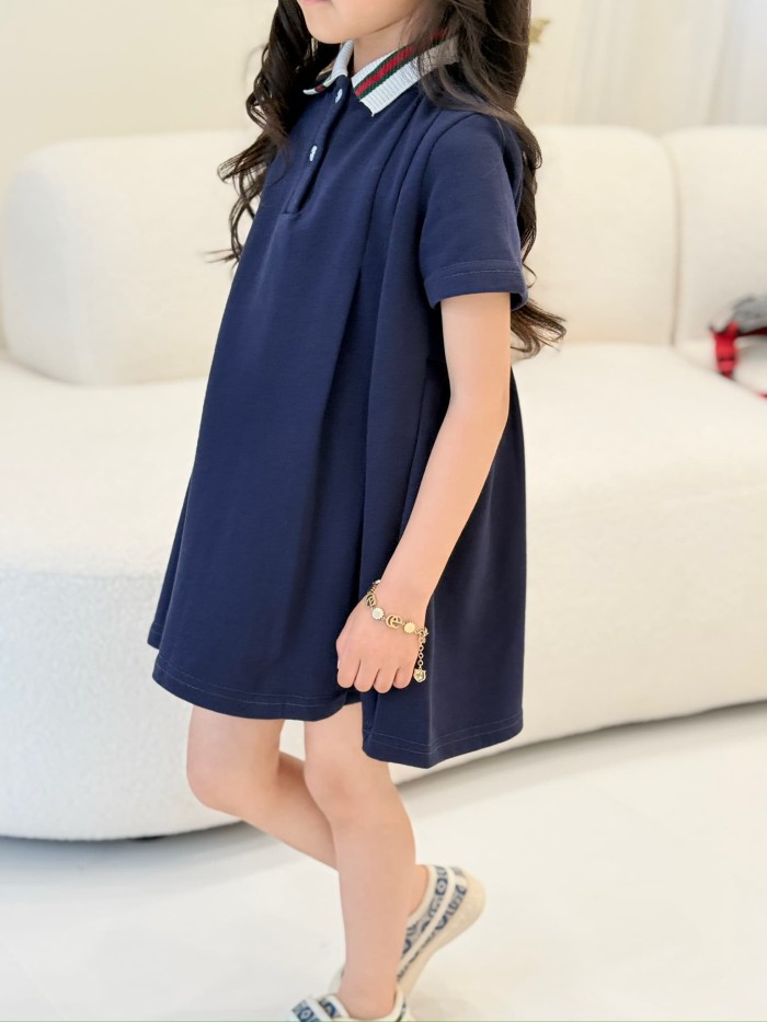 Navy Blue Red & Green Trimmed Collar A-Line Polo Dress for Kids 29006255