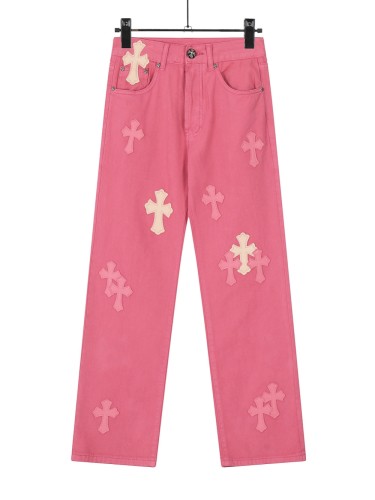 Patchwork Leather Cross Rose Pink Jeans 28479125