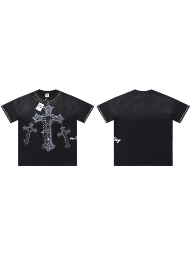 Gothic Cross Hot Drilling Print Washed Tee 3 colors 28899677