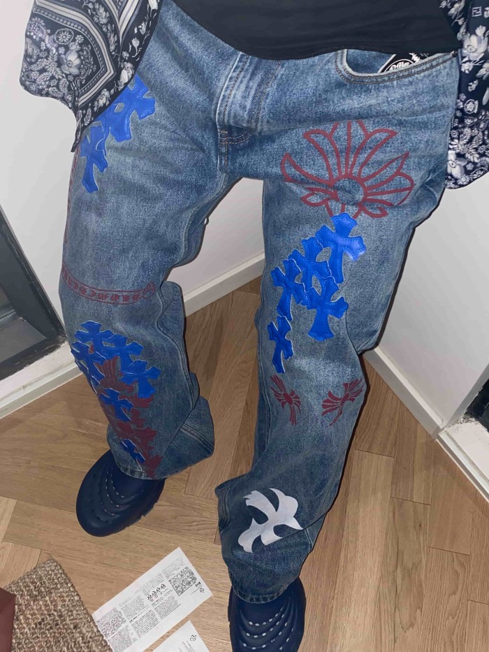 1:1 quality version  blue crosses and red flower appliqués washed blue jeans 28959455