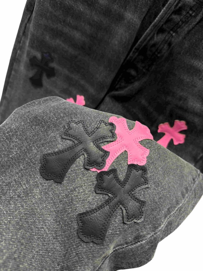 1:1 quality version  black & pink cross appliqué washed straight-leg jeans 28959382