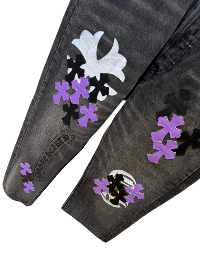 1:1 quality version  Black-Purple Cross Leather Patch Print Jeans 28960875