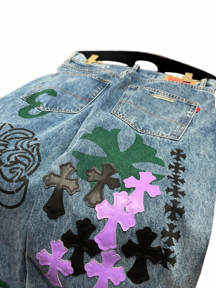 1:1 quality version  black & purple color-block cross leather prints jeans 28959500