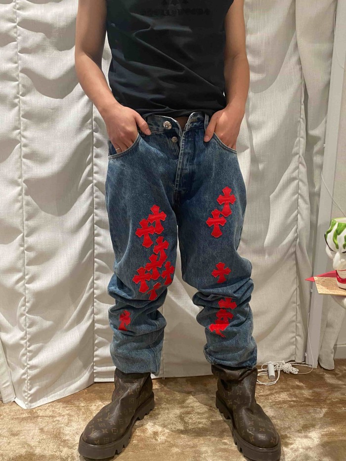 1:1 quality version  red cross leather appliqués washed jeans 28959518