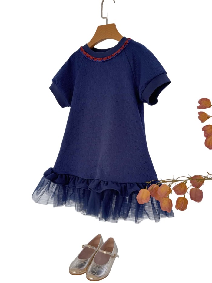 Navy Blue A-Line Dress with Tulle Hem for Kids 29008778