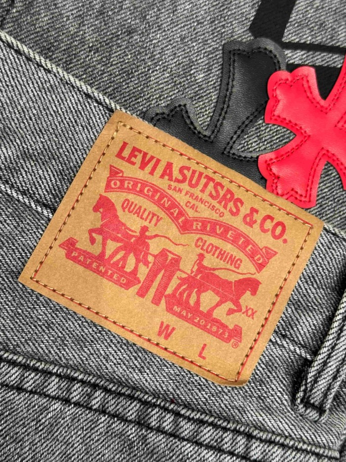 1:1 quality version  black and red cross genuine leather appliqué printed jeans 28959554