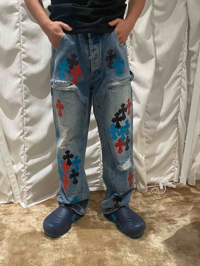 1:1 quality version  colored glitter cross distressed vintage washed jeans 28959375