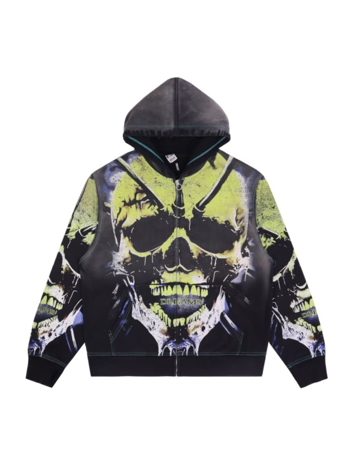 Fluorescent Skeleton Print Washed Distressed Zip-Up Cardigan Hoodie 28978994