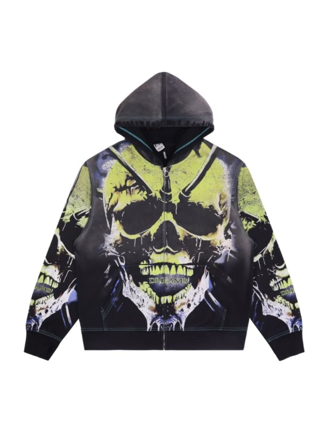 Fluorescent Skeleton Print Washed Distressed Zip-Up Cardigan Hoodie 28978994