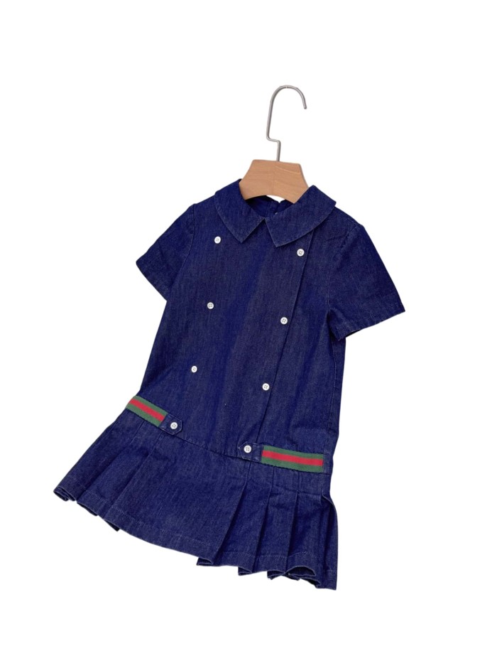 Navy Double-Breasted Buttons Denim Dress for Kids 29008821