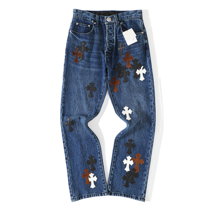 1:1 quality version Black Brown White Cross Patched Medium Blue Leg Denim Pants 29082332