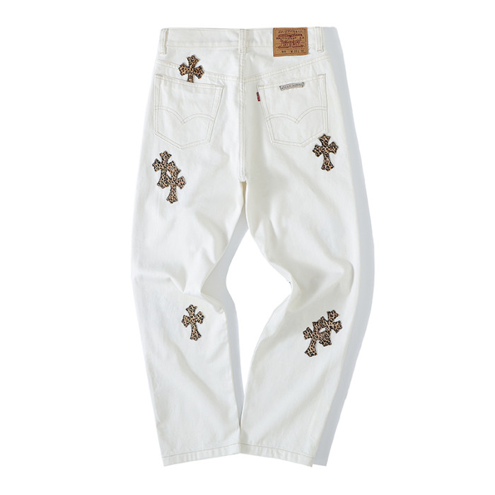 1:1 quality version Leopard Leather Cross Hand Painted Graffiti Pure Silver Button Down Jeans
