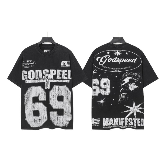 No. 69 Jesus vintage black and blue washed short-sleeved T-shirt 2 colors  29052469