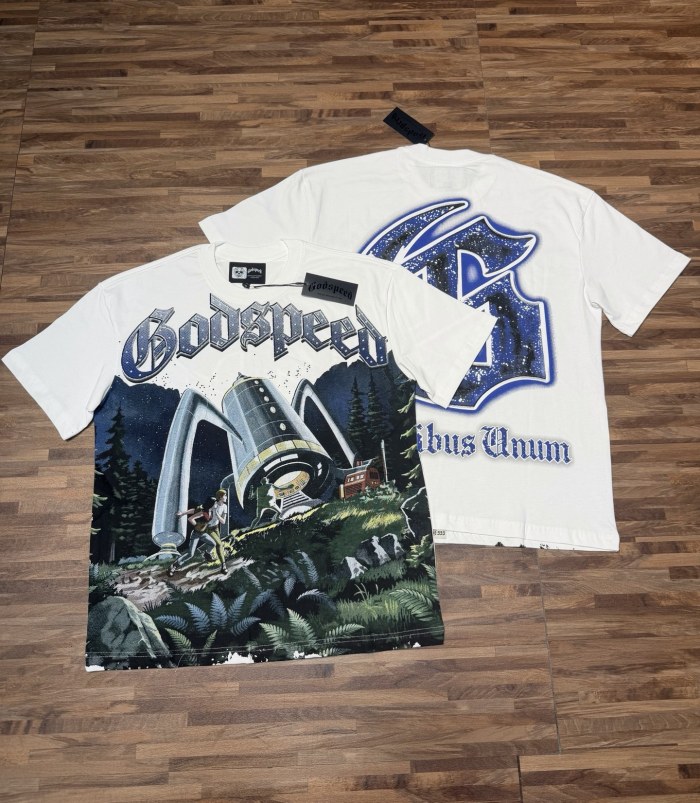 Loose short-sleeved T-shirt with white alien spaceship print 29033464