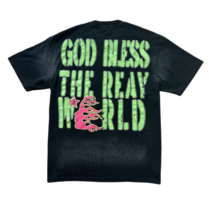 Pink Flame Green Lettered Mottled Printed Washed Version Tee