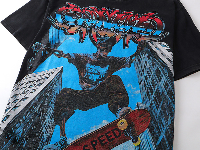 Urban skateboard skull G-shaped logo black vintage short-sleeved T-shirt 29045605