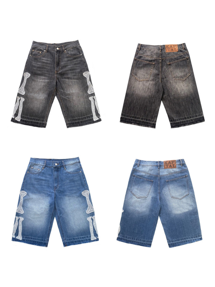 1:1 quality version Embroidered bone loose straight leg vintage denim shorts 2 colors 27619743