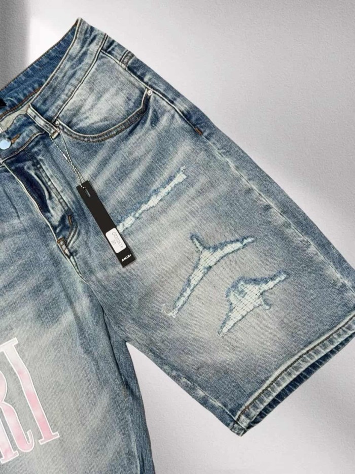 1:1 quality version Pink White Gradient Letter Patch Distressed Denim Shorts 29045797