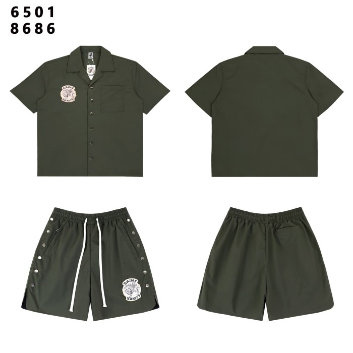 Badge Embroidery Buttoned Woven Workwear Shirt & Shorts Set 6 colors 29077774