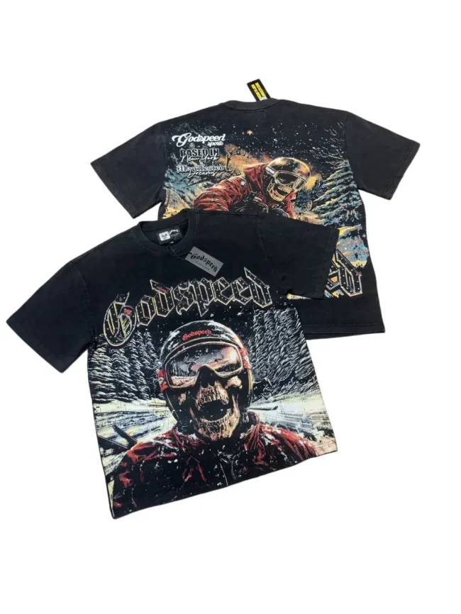 Vintage snow skiing skeleton distressed washed print T-shirt 29051358