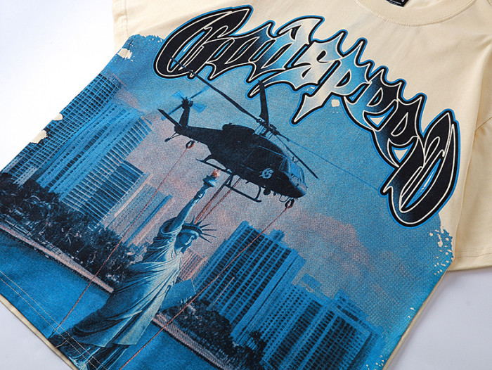 Helicopter Statue of Liberty All-Seeing Eye Beige Short-Sleeve T-Shirt 29044738