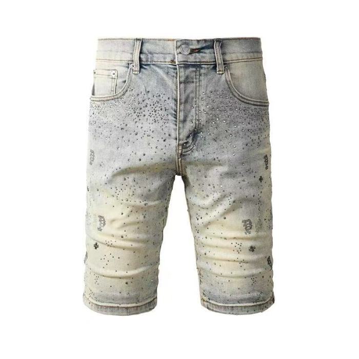 1:1 quality version Silver Ink P-Shape Rhinestone Denim Shorts 28920227