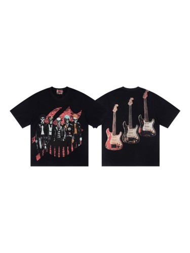 Skeleton Rock Band Electric Guitar Distressed Black Short-Sleeve T-Shirt 29053413