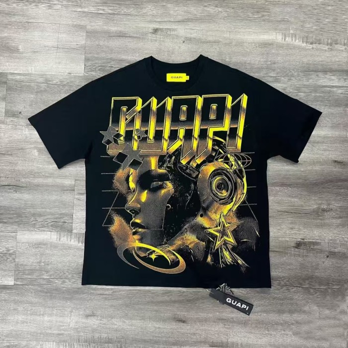 Loose Futuristic Streetwear Neon Skull & Studded Sleeve Graphic Tee 2 colors 29069130