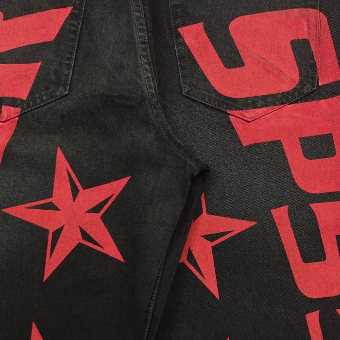 [Big & Tall for weights up to 220 lbs]1:1 quality version Red Letter Print Washed Distressed Jeans 28694085