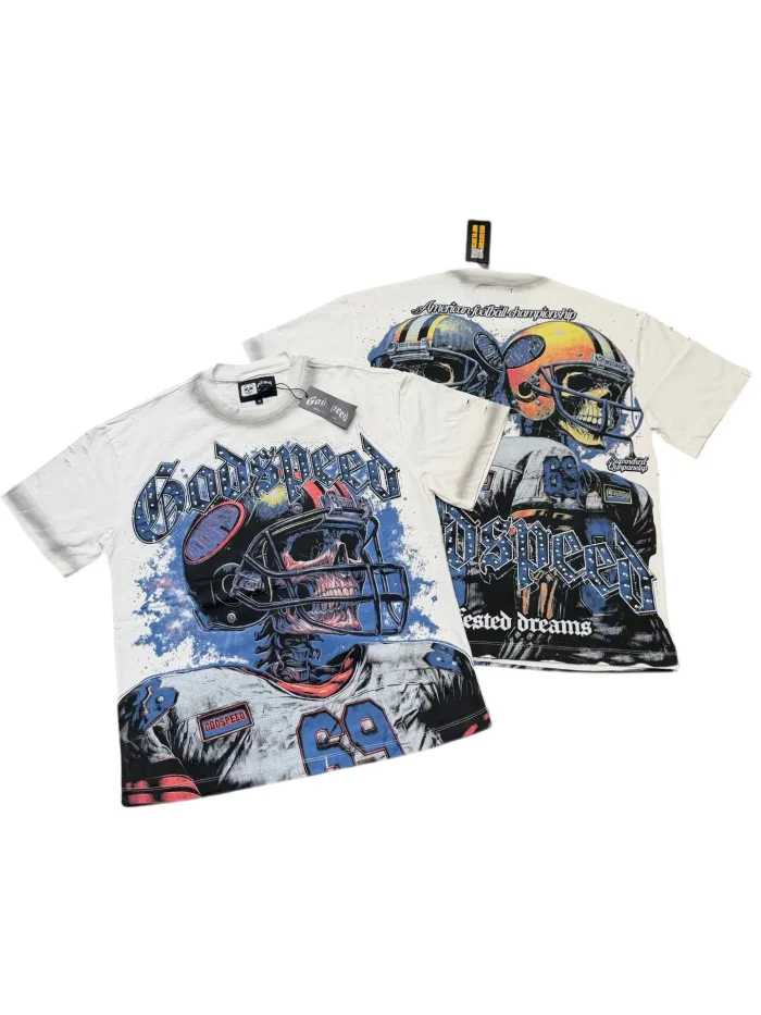 Rugby skull hot-fix rhinestone double-sided printed vintage T-shirt white color 29035302