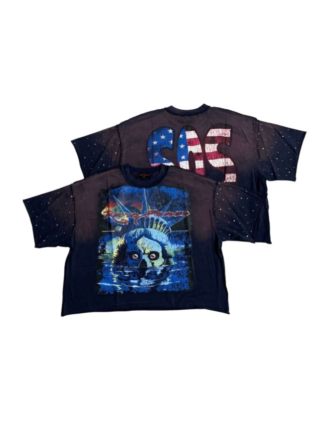 Lake Water Skeleton Statue Of Liberty Rhinestone Print Washed Tee 29069149